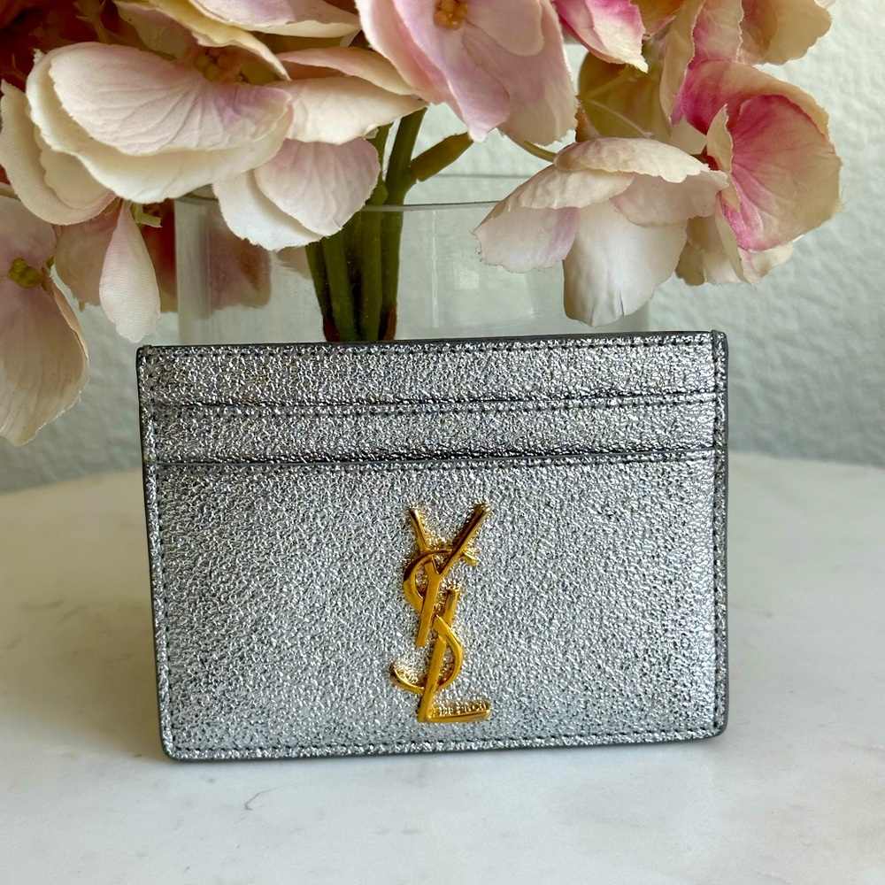 Silver metallic YSL card case, like new